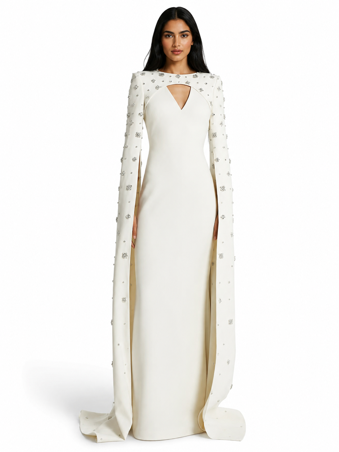 White Crystal-Embellished Cape Gown – Celeste
