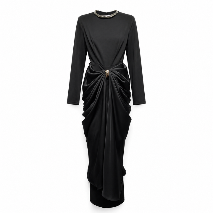 Satin Draped Long Sleeve Midi Dress - Burgundy