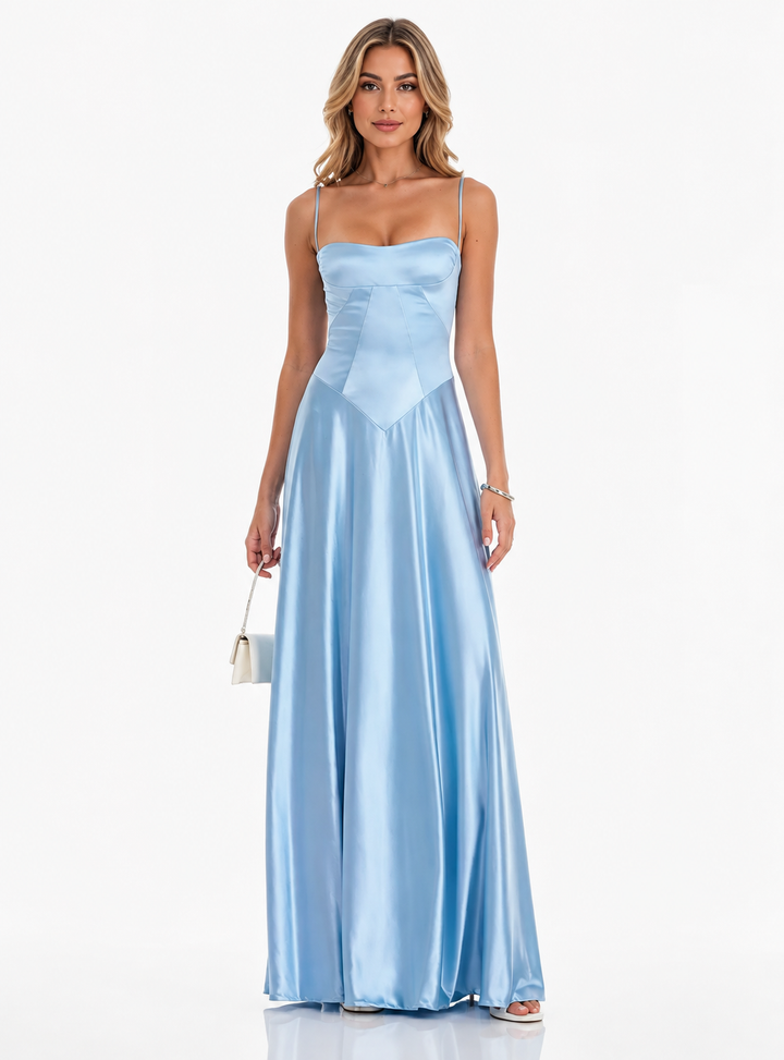 Sky Blue Satin Corset Maxi Dress – Azure