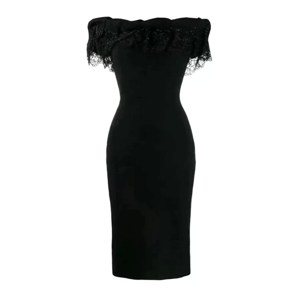 Black Off-Shoulder Lace Midi Dress – Noir