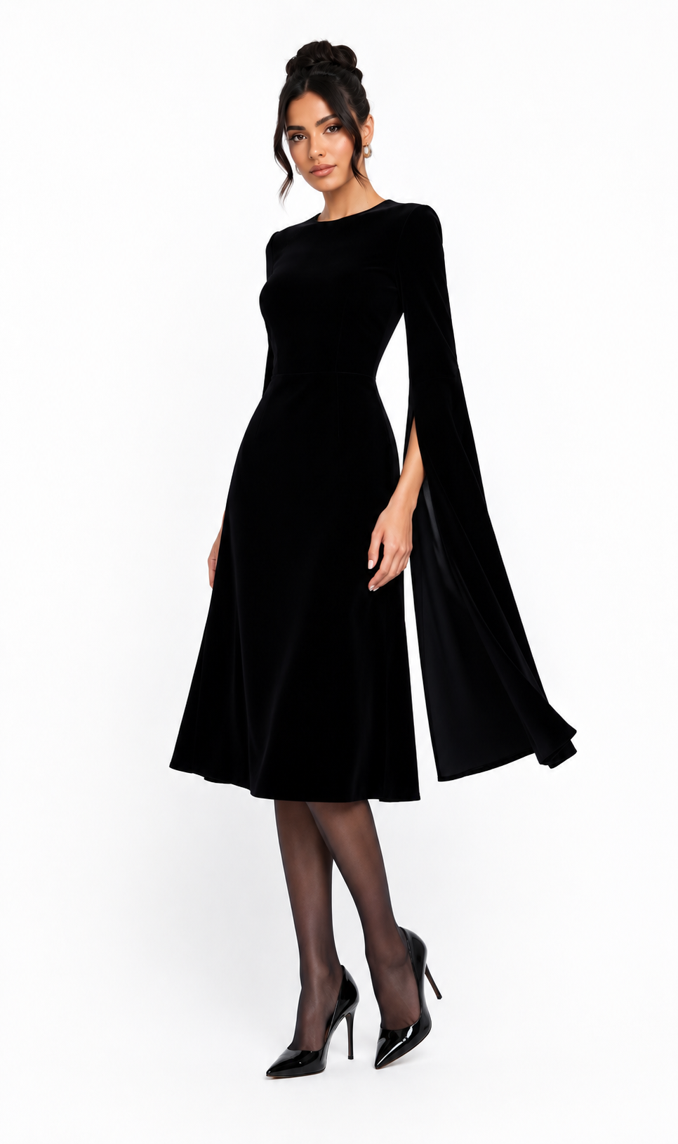 Cape-Sleeve Velvet Midi Dress – Noir