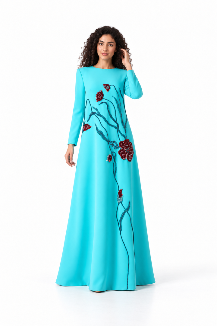 Turquoise Floral Embellished Maxi Dress - Flora