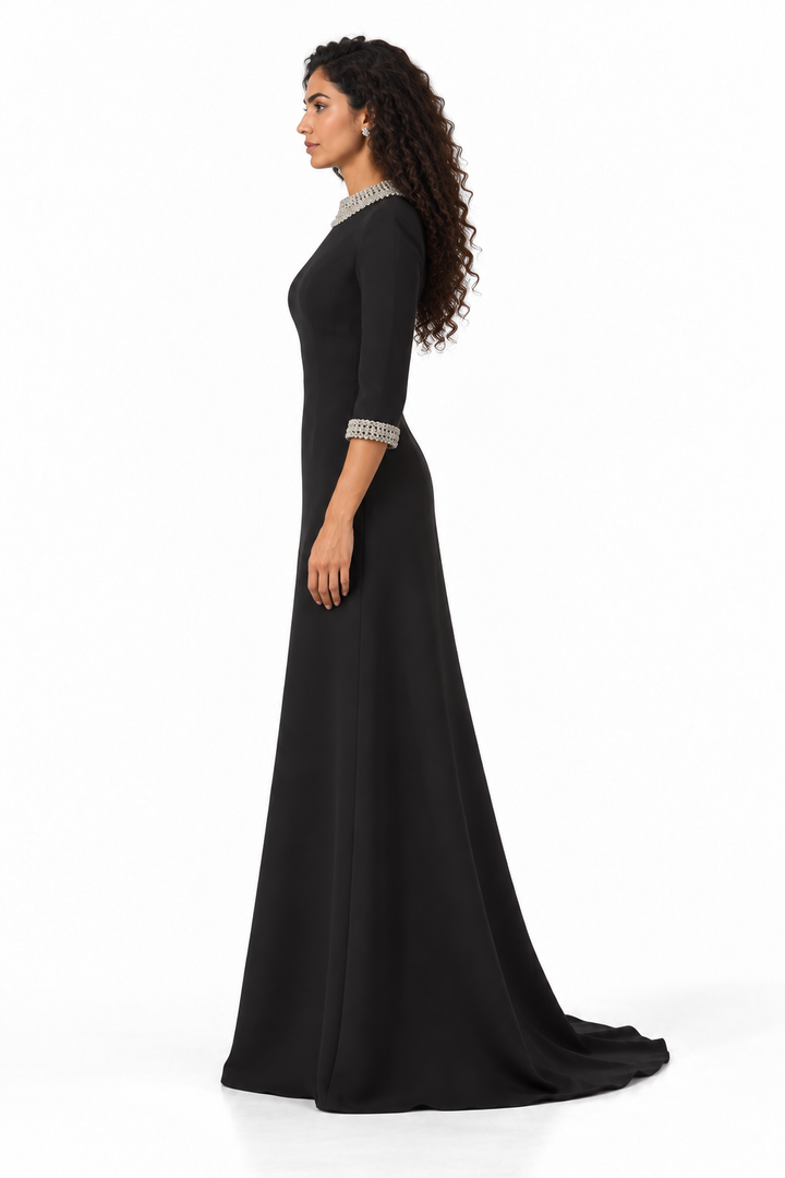 Black Crystal Embellished Evening Maxi Dress - Olivia