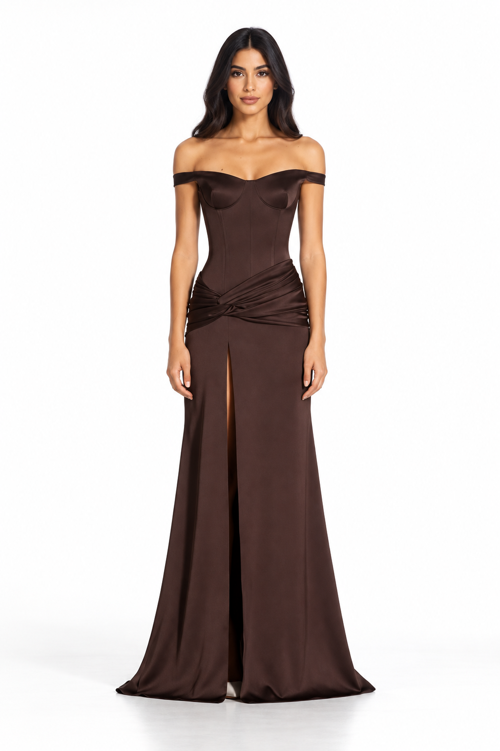 Chocolate Brown Off-Shoulder Corset Maxi Dress - Mocha