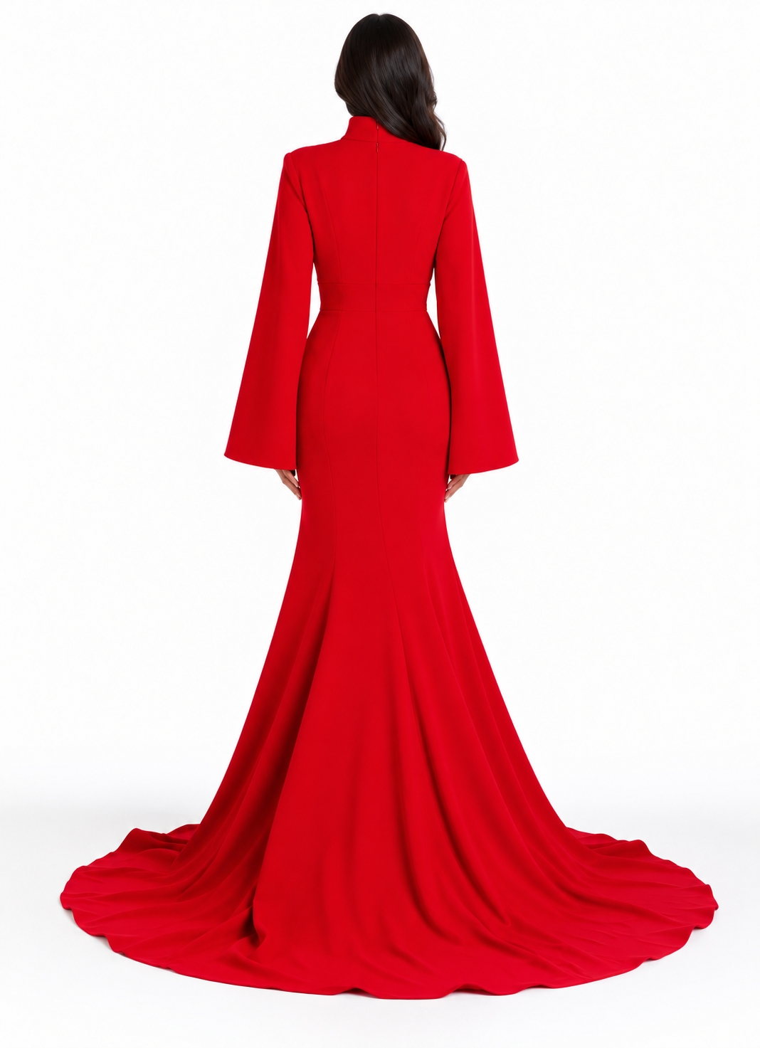 Red High-Neck Draped Long Sleeve Mermaid Maxi Dress - Scarlett