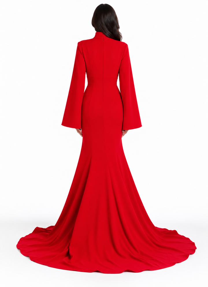 Red High-Neck Draped Long Sleeve Mermaid Maxi Dress - Scarlett