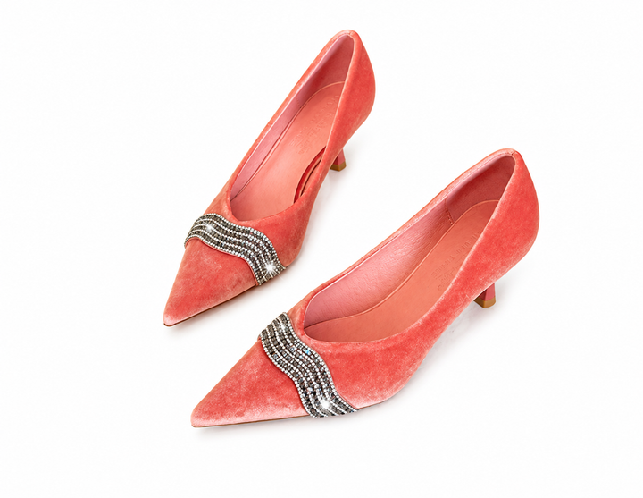 Velvet Rhinestone Pointed Pumps - Blush