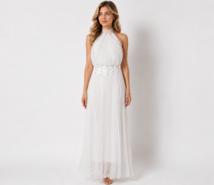 Pearl Pleated Halter Maxi Dress — Serenity