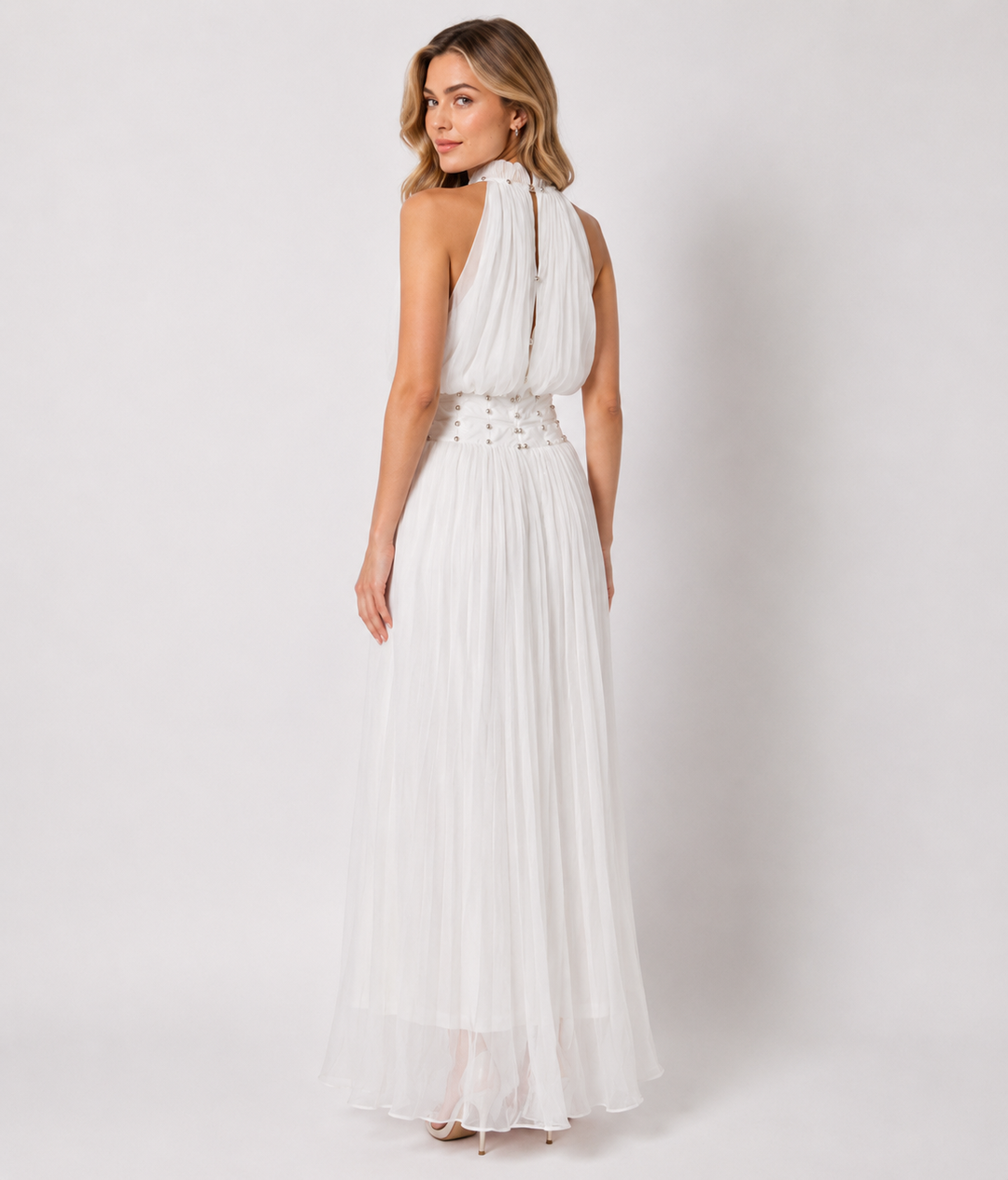 Pearl Pleated Halter Maxi Dress — Serenity