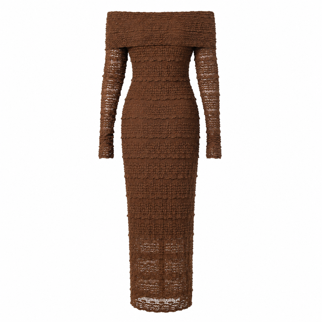 Rosette Lace Off-Shoulder Maxi Dress — Mocha