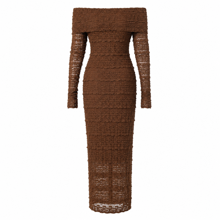 Rosette Lace Off-Shoulder Maxi Dress — Mocha