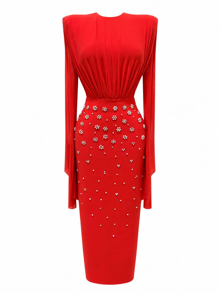 Pearl Embellished Cape Sleeve Midi Dress - Glam
