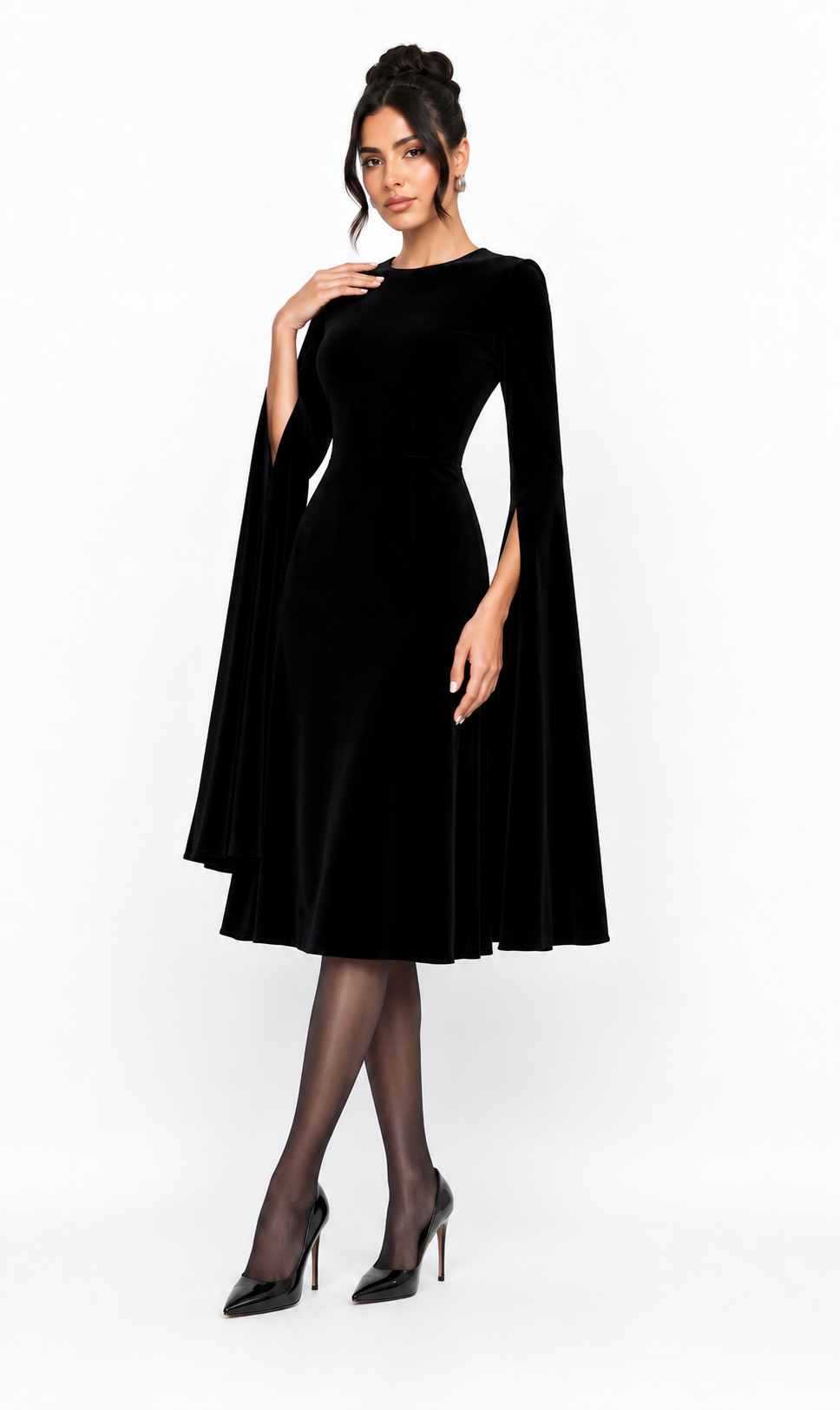 Cape-Sleeve Velvet Midi Dress – Noir