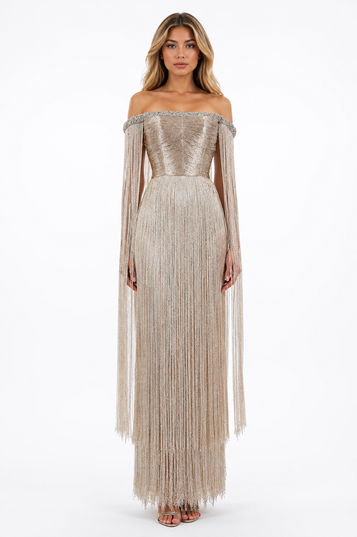 Crystal Fringe Off-Shoulder Gown – CHAMPAGNA