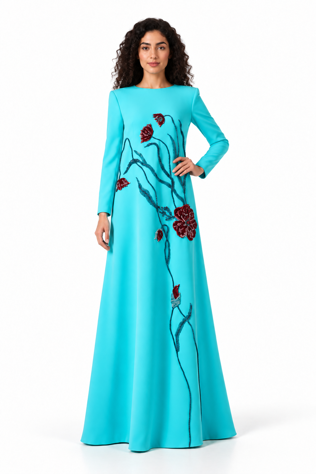 Turquoise Floral Embellished Maxi Dress - Flora