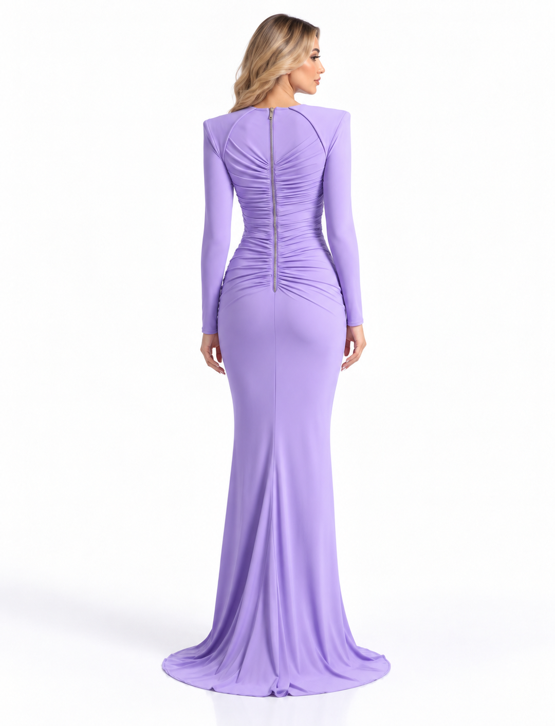 Ruched V-Neck Long Sleeve Evening Gown - Serenity