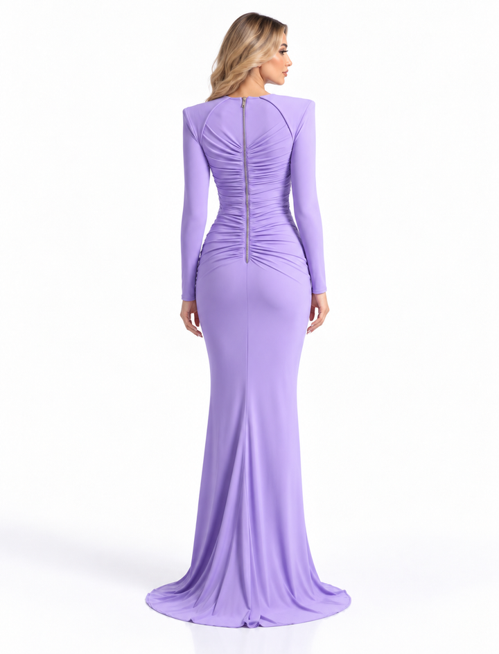 Ruched V-Neck Long Sleeve Evening Gown - Serenity