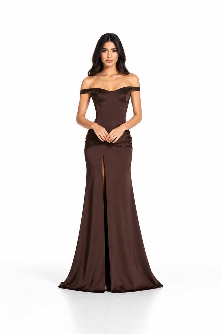 Chocolate Brown Off-Shoulder Corset Maxi Dress - Mocha
