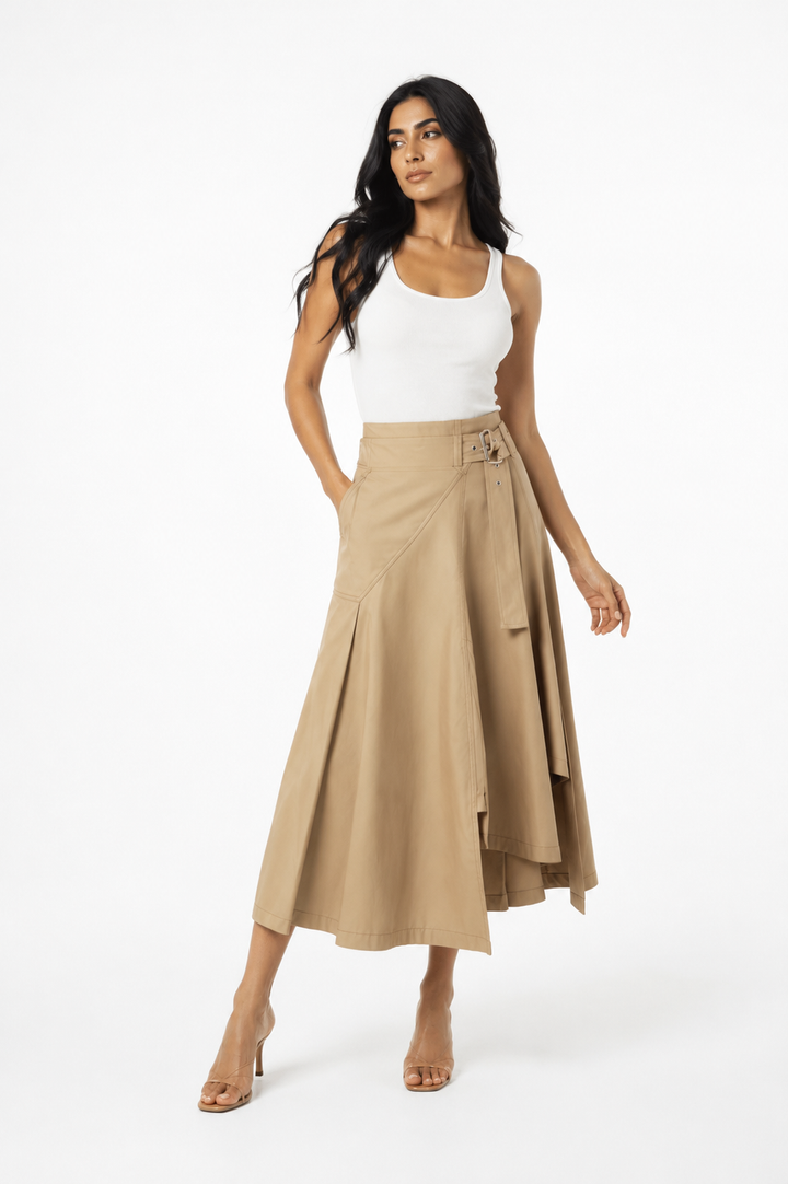 Asymmetric Belted Maxi Skirt – Sand