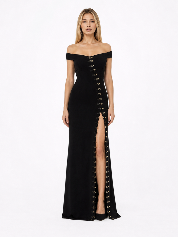 Burgundy Off-Shoulder Buckle Gown – Allure