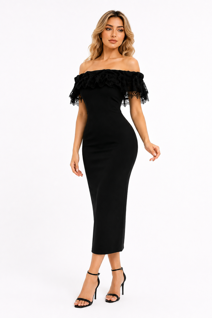 Black Off-Shoulder Lace Midi Dress – Noir