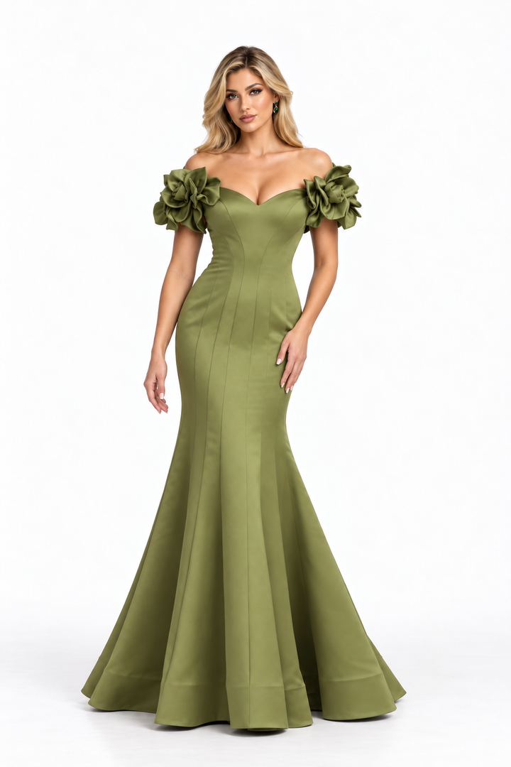 Floral Shoulder Mermaid Maxi Dress - Olive