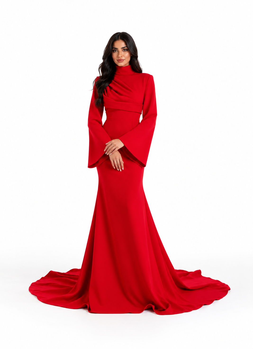 Red High-Neck Draped Long Sleeve Mermaid Maxi Dress - Scarlett