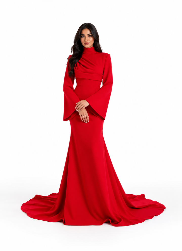 Red High-Neck Draped Long Sleeve Mermaid Maxi Dress - Scarlett