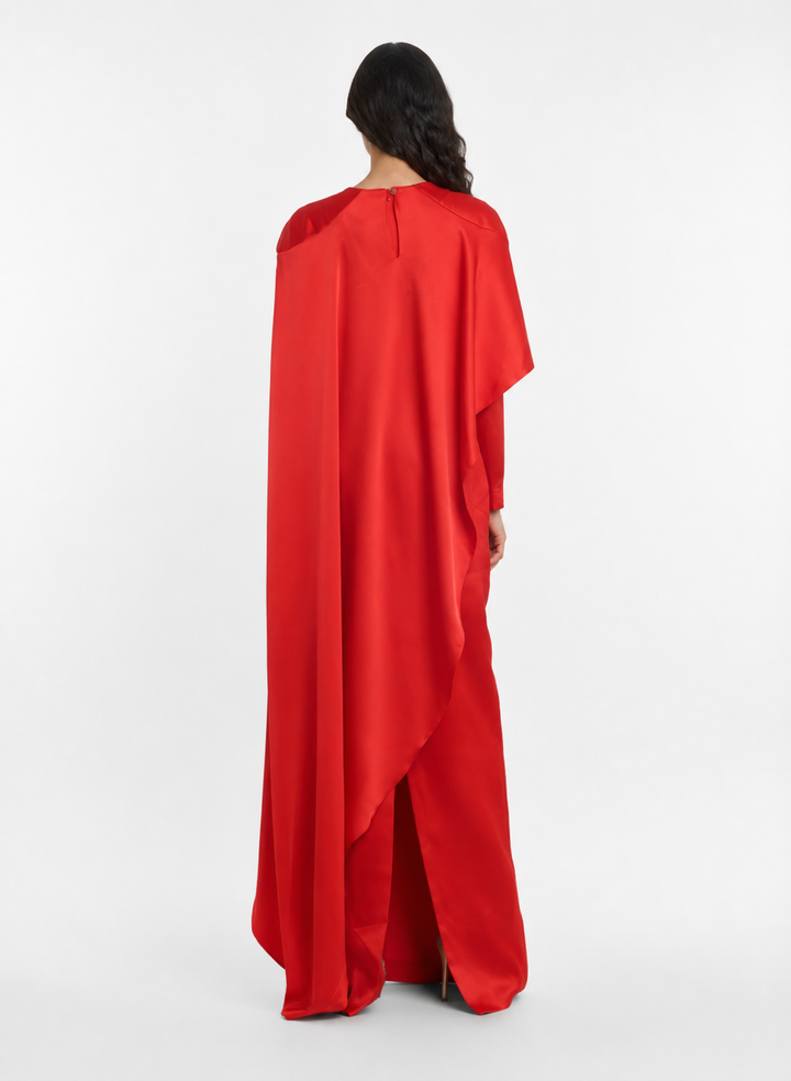 Asymmetric Draped Maxi Dress – Crimson