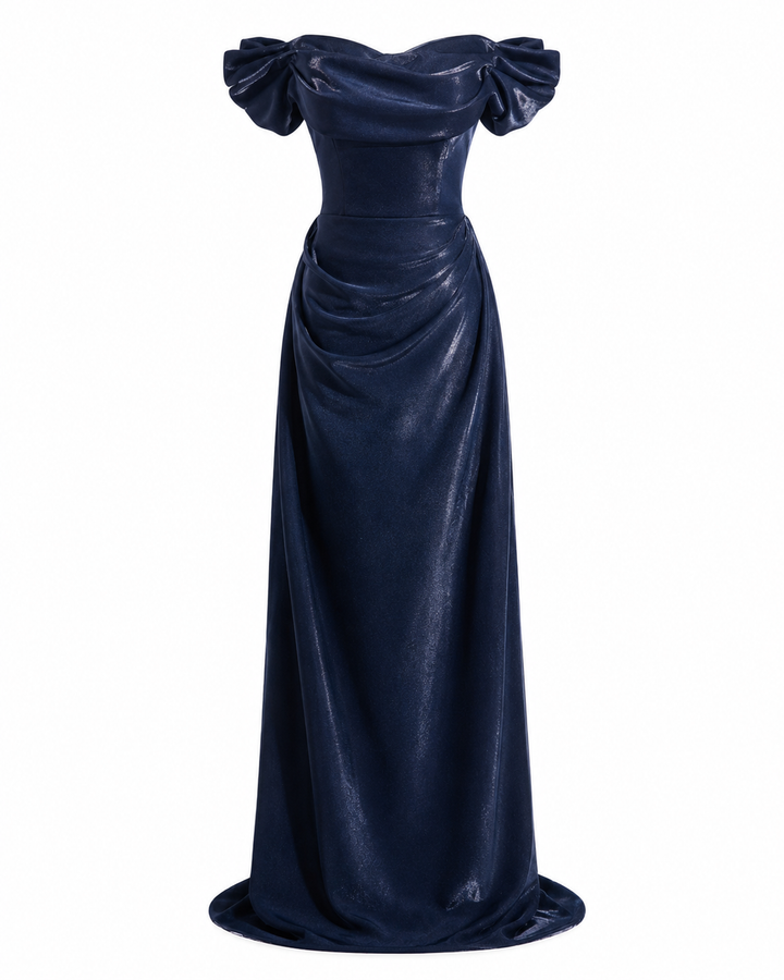 Off-Shoulder Satin Evening Gown - Midnight