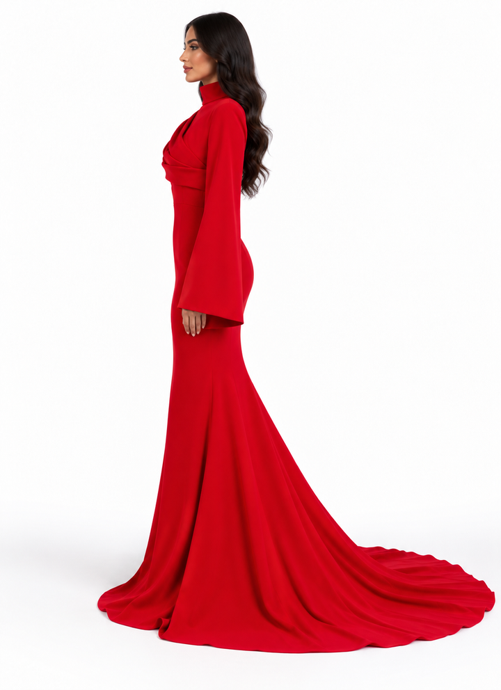 Red High-Neck Draped Long Sleeve Mermaid Maxi Dress - Scarlett