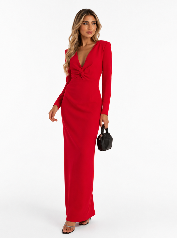 Twist Knot Deep V-Neck Maxi Dress – Scarlet