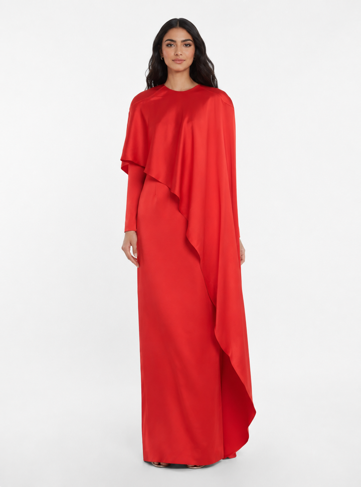 Asymmetric Draped Maxi Dress – Crimson