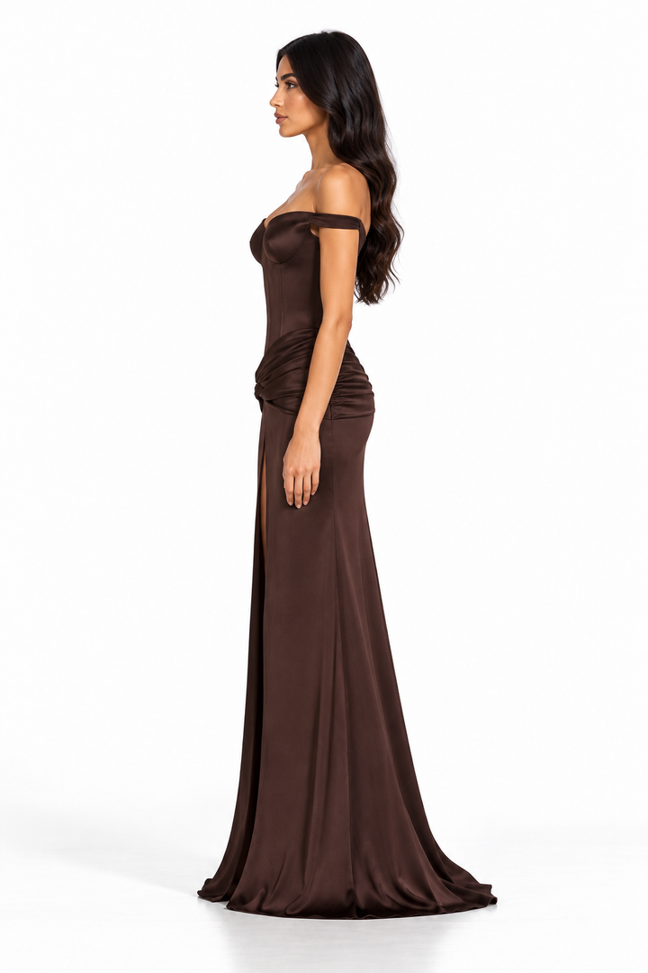 Chocolate Brown Off-Shoulder Corset Maxi Dress - Mocha
