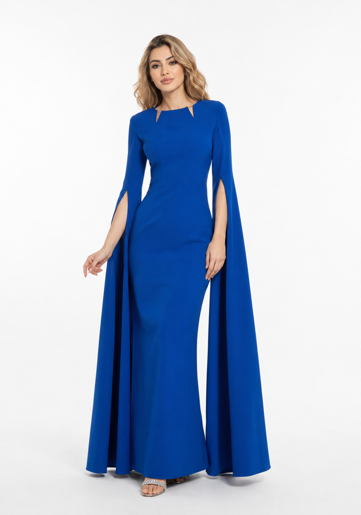 Royal Blue Cape Sleeve Evening Gown – MAJESTY
