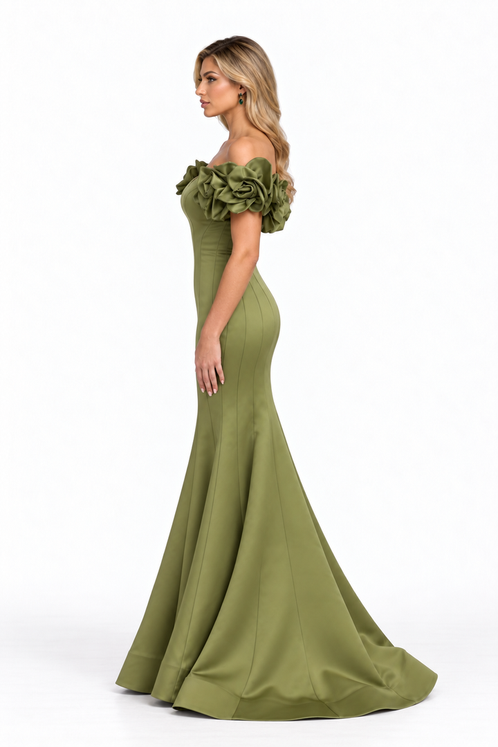 Floral Shoulder Mermaid Maxi Dress - Olive