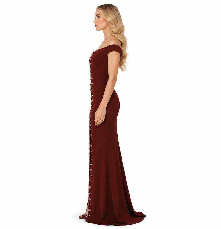 Burgundy Off-Shoulder Buckle Gown – Allure