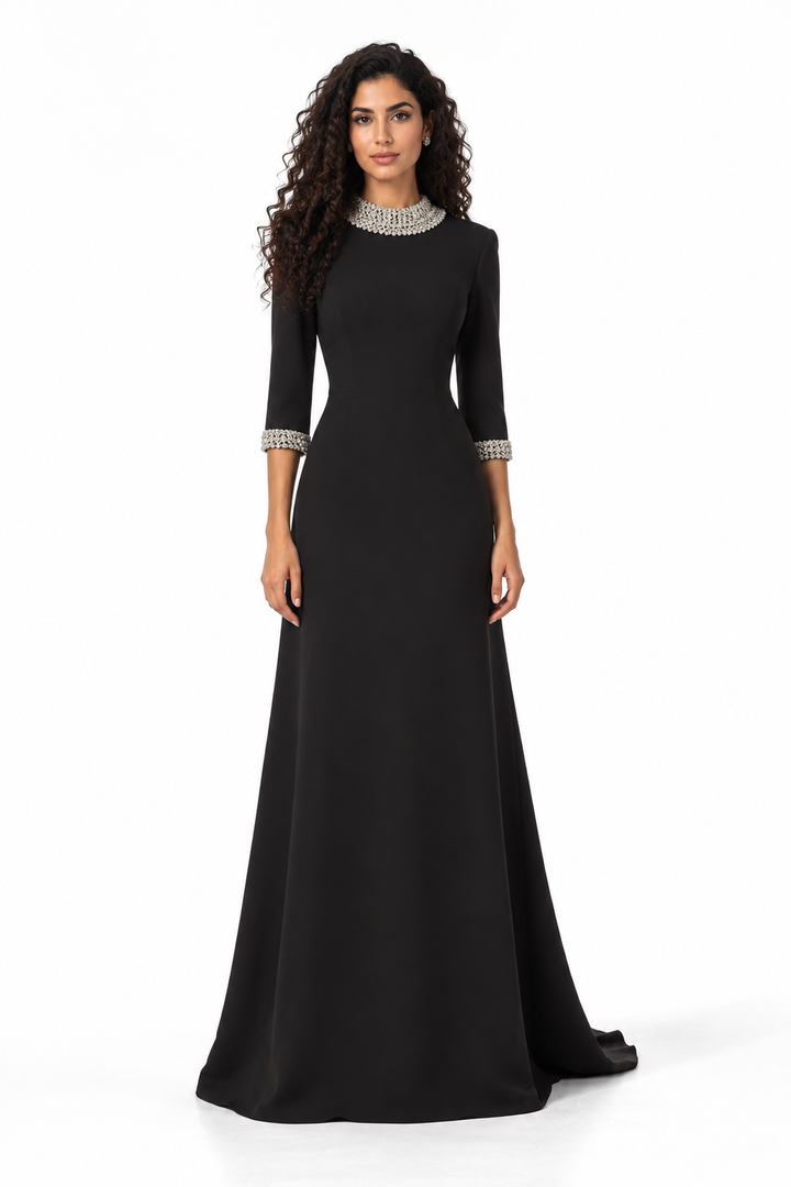 Black Crystal Embellished Evening Maxi Dress - Olivia