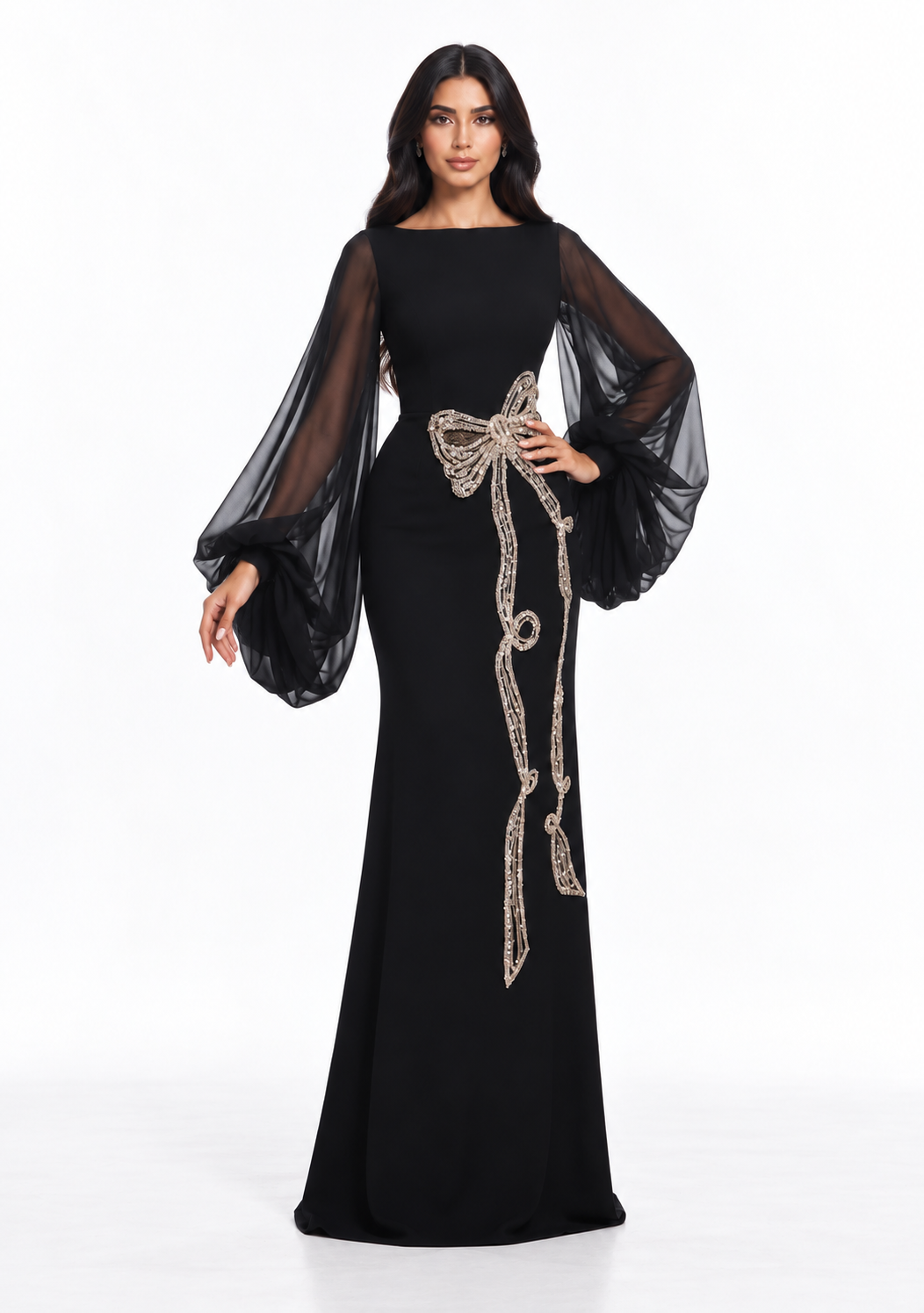 Black Crystal Bow Gown -Bellavique