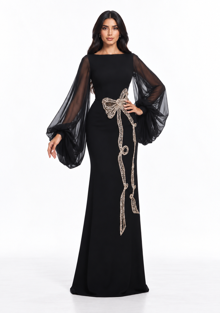 Black Crystal Bow Gown -Bellavique