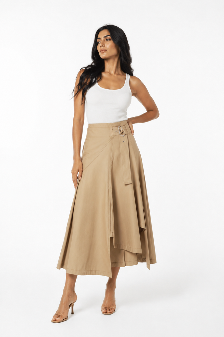 Asymmetric Belted Maxi Skirt – Sand