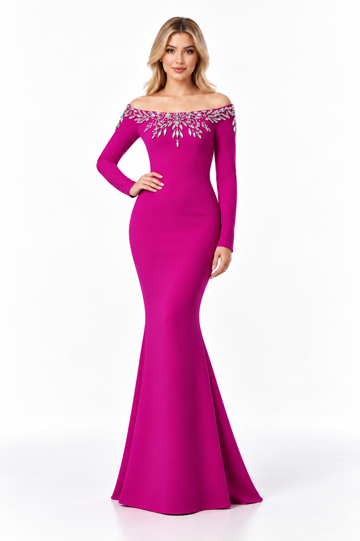 Crystal Off-Shoulder Long Sleeve Evening Gown - Radiance