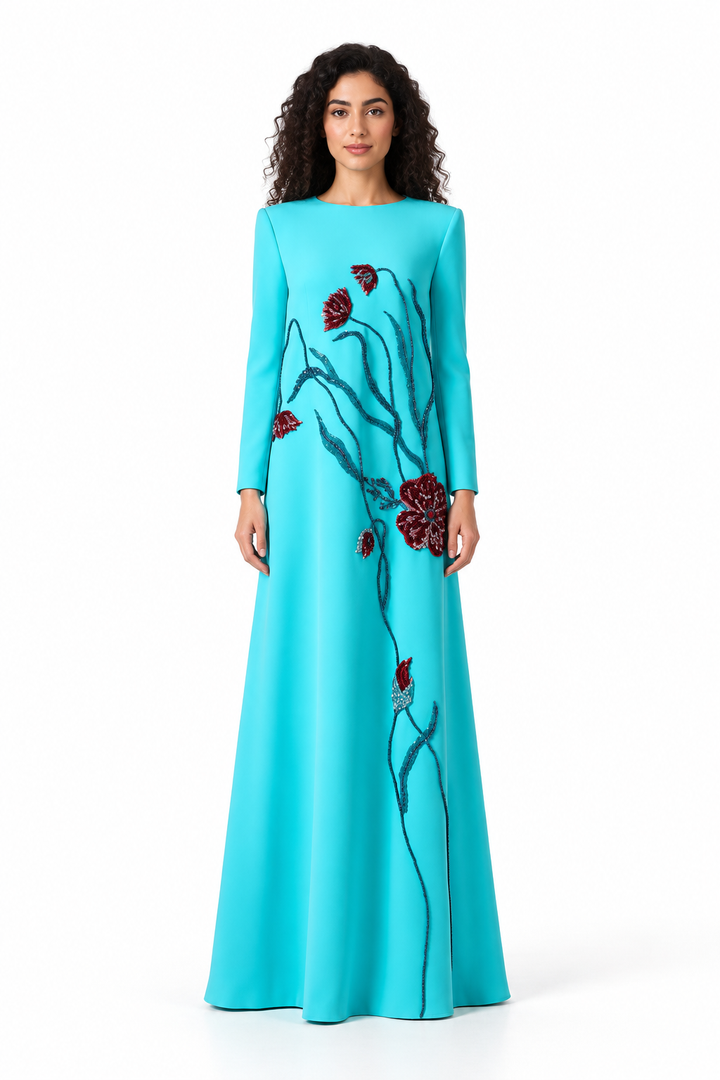 Turquoise Floral Embellished Maxi Dress - Flora