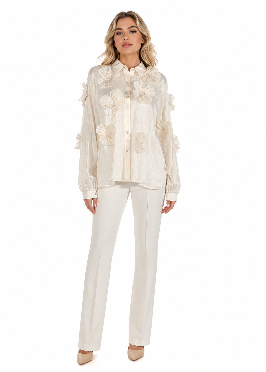 Ivory 3D Floral Appliqué Shirt – BLOOM