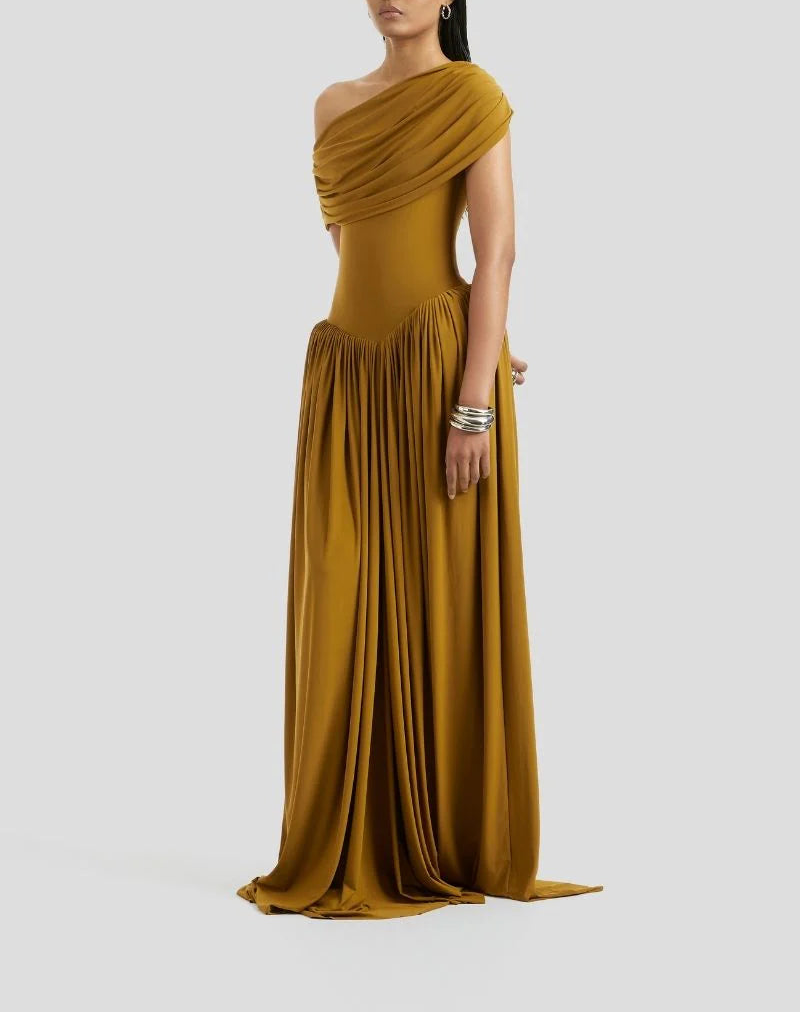 Off-shoulder draped gown with gathered skirt – MARIGOLD