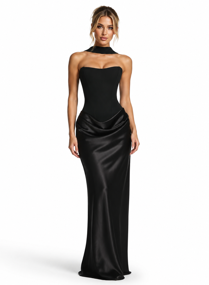 Black Corset Satin Maxi Dress – NOIRELLE