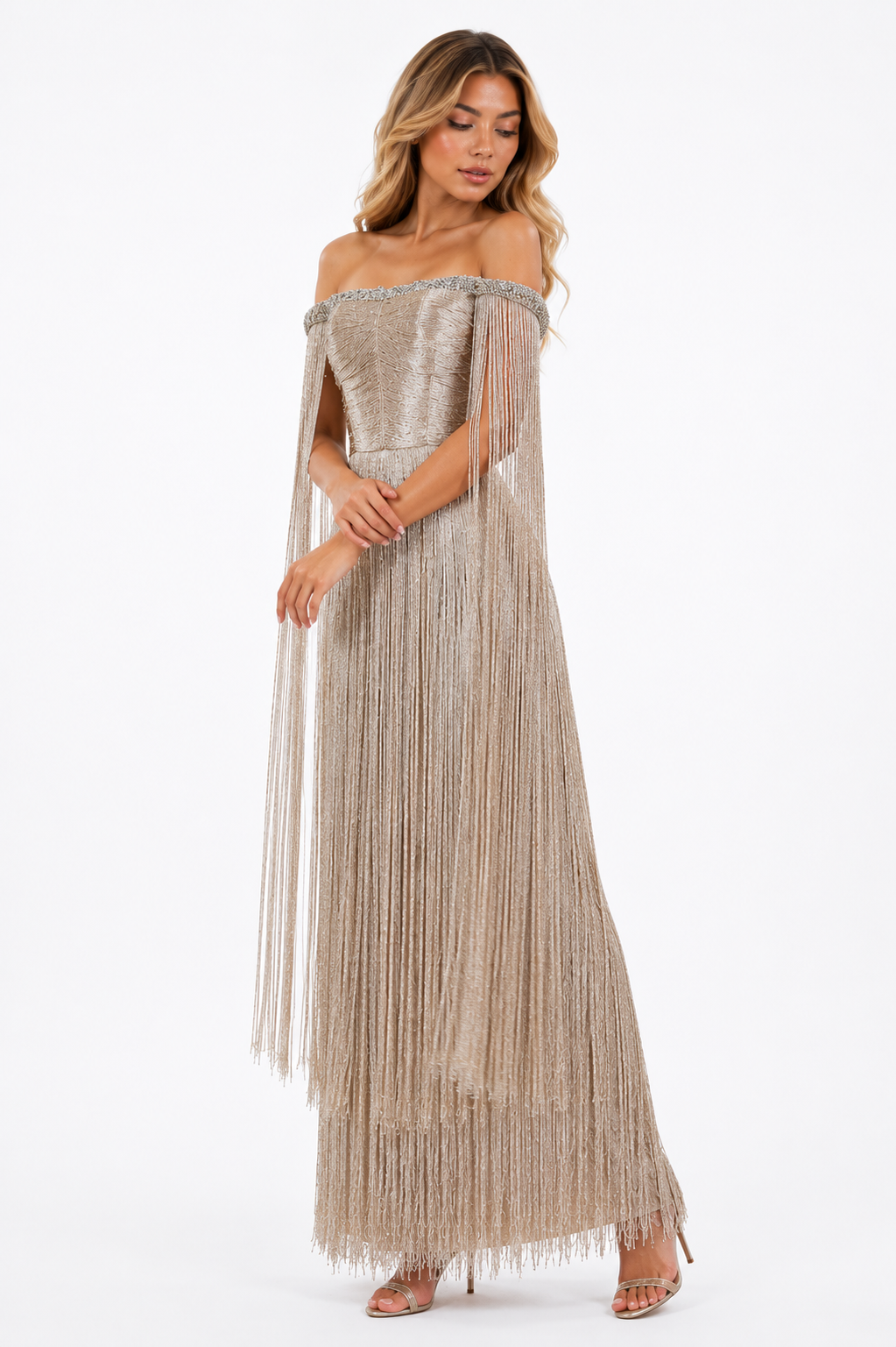 Crystal Fringe Off-Shoulder Gown – CHAMPAGNA