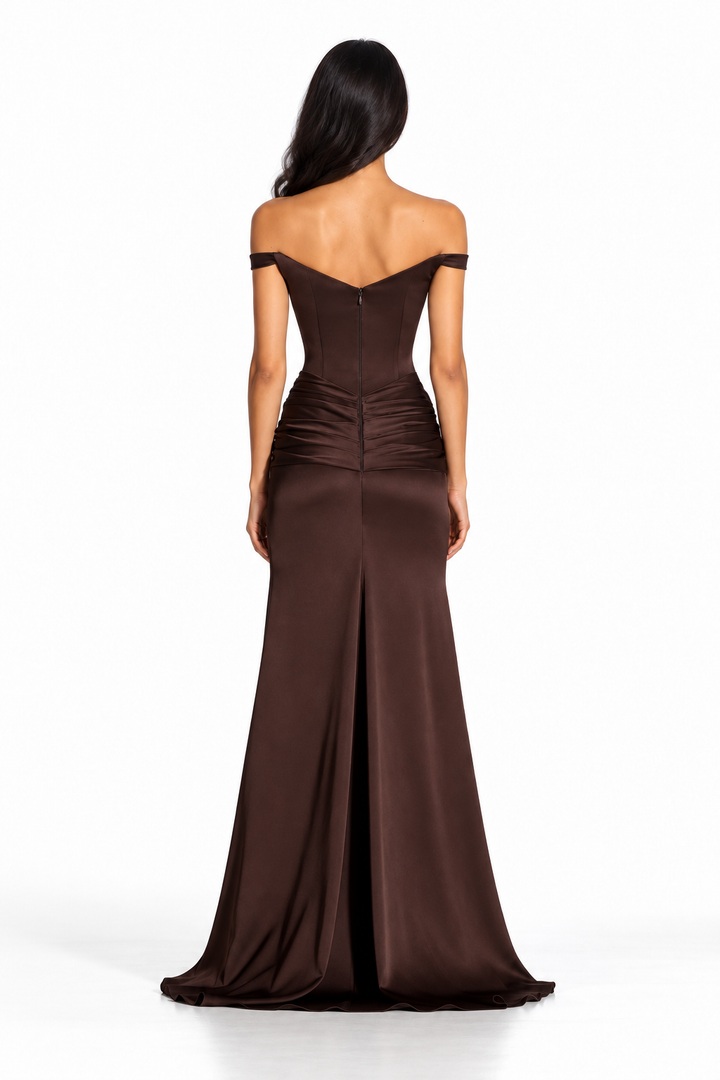 Chocolate Brown Off-Shoulder Corset Maxi Dress - Mocha