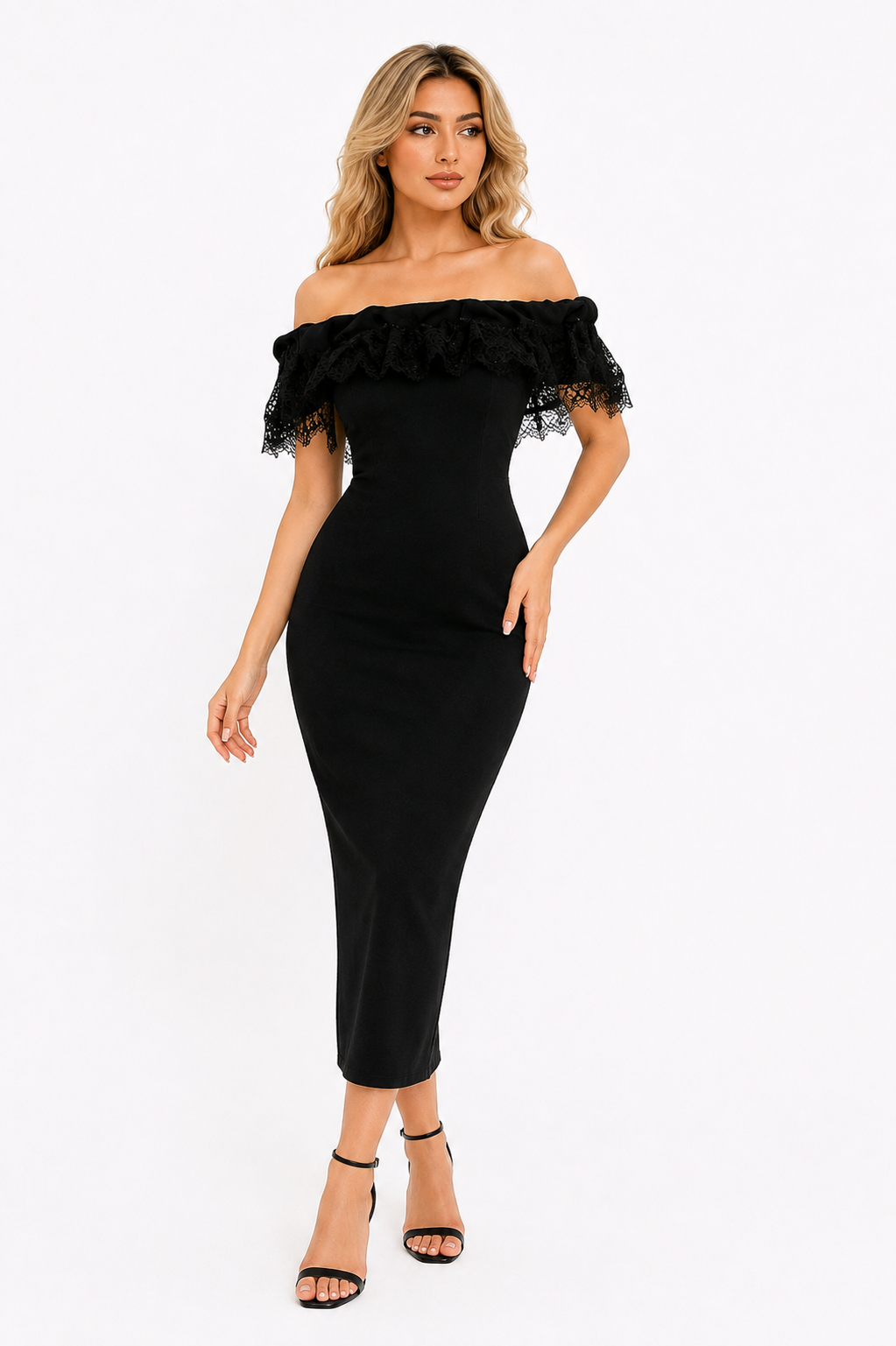 Black Off-Shoulder Lace Midi Dress – Noir