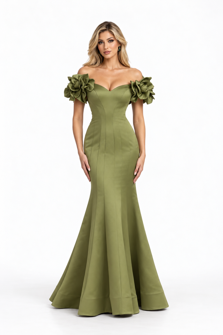 Floral Shoulder Mermaid Maxi Dress - Olive